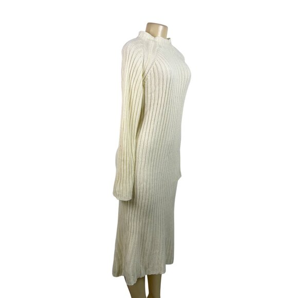 Queens Street Womens Cream Ribbed Knit Long Sleeve Midi Sweater Dress Size OS - Picture 2 of 10